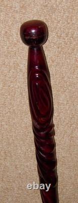 Antique Mahogany Walking Stick / Cane Decorative Hand Carved Twisted Shaft