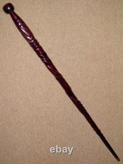 Antique Mahogany Walking Stick / Cane Decorative Hand Carved Twisted Shaft