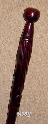 Antique Mahogany Walking Stick / Cane Decorative Hand Carved Twisted Shaft