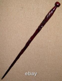 Antique Mahogany Walking Stick / Cane Decorative Hand Carved Twisted Shaft