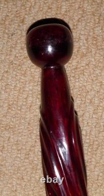 Antique Mahogany Walking Stick / Cane Decorative Hand Carved Twisted Shaft