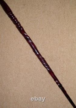Antique Mahogany Walking Stick / Cane Decorative Hand Carved Twisted Shaft