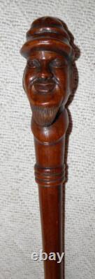 Antique Mahogany Walking Stick / Cane Hand-Carved Bearded Man's Head Pommel