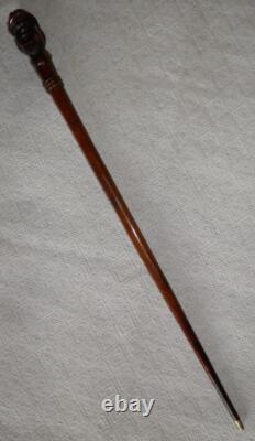 Antique Mahogany Walking Stick / Cane Hand-Carved Bearded Man's Head Pommel