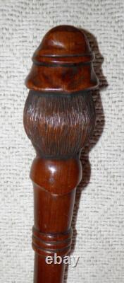 Antique Mahogany Walking Stick / Cane Hand-Carved Bearded Man's Head Pommel