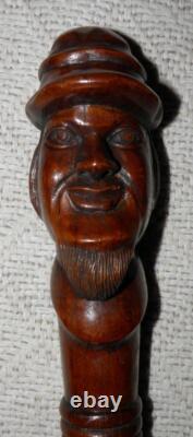 Antique Mahogany Walking Stick / Cane Hand-Carved Bearded Man's Head Pommel
