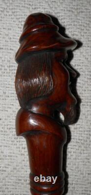 Antique Mahogany Walking Stick / Cane Hand-Carved Bearded Man's Head Pommel