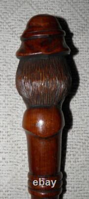 Antique Mahogany Walking Stick / Cane Hand-Carved Bearded Man's Head Pommel