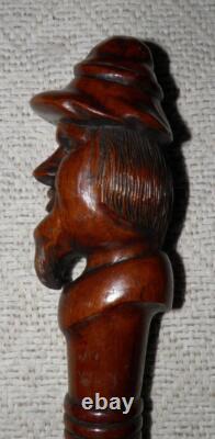 Antique Mahogany Walking Stick / Cane Hand-Carved Bearded Man's Head Pommel