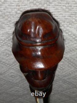 Antique Mahogany Walking Stick / Cane Hand-Carved Bearded Man's Head Pommel