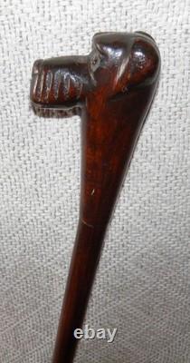 Antique Mahogany Walking Stick Cane Hand-Carved Terrier Dog Head Top Glass Eyes Antique Mahogany Walking Stick Cane Hand-Carved Terrier Dog Head Top Glass Eyes
