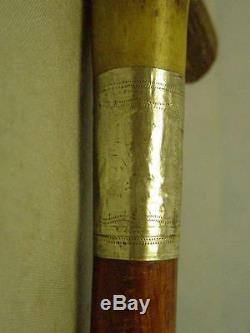 Antique Malacca Cane- Carved Dog Face Antler Handle- Hallmarked Silver 1929