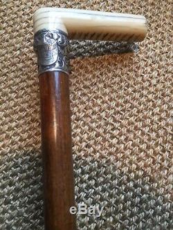 Antique Malacca Cane Walking Stick, Carved Handle And Silver Collar, 1924 87cm
