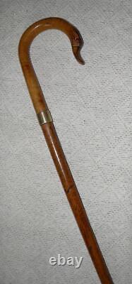 Antique Malacca / Oak Walking Stick Carved Duck Crook Handle Brass Collar