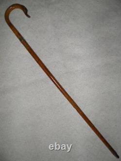 Antique Malacca / Oak Walking Stick Carved Duck Crook Handle Brass Collar