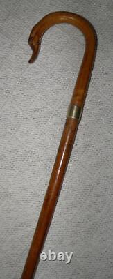 Antique Malacca / Oak Walking Stick Carved Duck Crook Handle Brass Collar