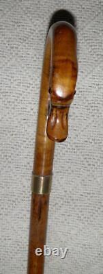 Antique Malacca / Oak Walking Stick Carved Duck Crook Handle Brass Collar