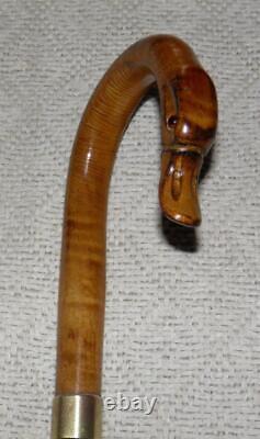 Antique Malacca / Oak Walking Stick Carved Duck Crook Handle Brass Collar