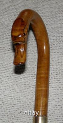 Antique Malacca / Oak Walking Stick Carved Duck Crook Handle Brass Collar