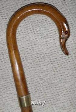 Antique Malacca / Oak Walking Stick Carved Duck Crook Handle Brass Collar