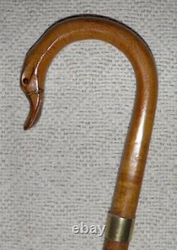 Antique Malacca / Oak Walking Stick Carved Duck Crook Handle Brass Collar