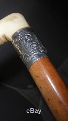 Antique Malacca Walking/Dress Cane Hand Carved Handle With Floral Design Collar