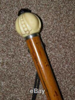 Antique Malacca Walking Stick/Cane With A Hand Carved Pomegranate Top 91cm