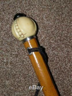 Antique Malacca Walking Stick/Cane With A Hand Carved Pomegranate Top 91cm