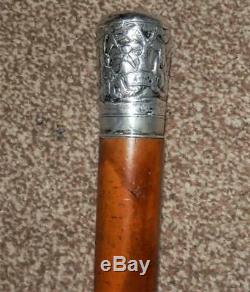 Antique Malacca Wood Hand-Carved Indian Silver Oriental Top Walking Stick 95cm