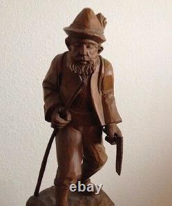 Antique Man With Hat & Walking Stick Full Figure Carved Wood Swiss