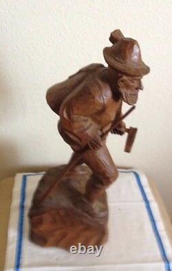 Antique Man With Hat & Walking Stick Full Figure Carved Wood Swiss