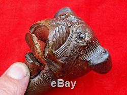 Antique Mechanical Bulldog Dog Head Walking Cane Stick Carved Wood Articulated