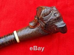 Antique Mechanical Bulldog Dog Head Walking Cane Stick Carved Wood Articulated