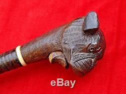 Antique Mechanical Bulldog Dog Head Walking Cane Stick Carved Wood Articulated