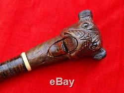 Antique Mechanical Bulldog Dog Head Walking Cane Stick Carved Wood Articulated