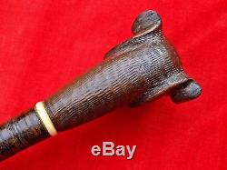 Antique Mechanical Bulldog Dog Head Walking Cane Stick Carved Wood Articulated