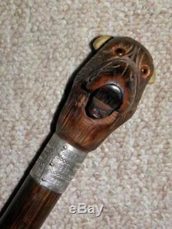 Antique Mechanical Hand Carved Bulldog Head Walking Stick/Cane-H/m Silver 1924