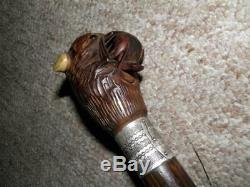 Antique Mechanical Hand Carved Bulldog Head Walking Stick/Cane-H/m Silver 1924