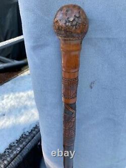 Antique Meiji Period Japanese Bamboo Carved Samurai Walking Cane Stick Rare