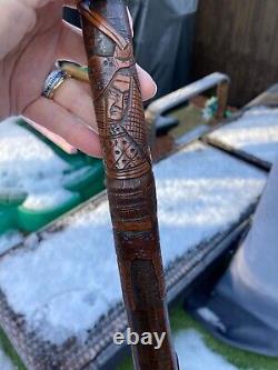 Antique Meiji Period Japanese Bamboo Carved Samurai Walking Cane Stick Rare