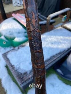 Antique Meiji Period Japanese Bamboo Carved Samurai Walking Cane Stick Rare