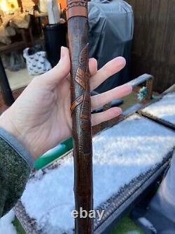 Antique Meiji Period Japanese Bamboo Carved Samurai Walking Cane Stick Rare