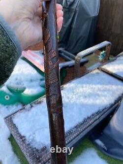 Antique Meiji Period Japanese Bamboo Carved Samurai Walking Cane Stick Rare