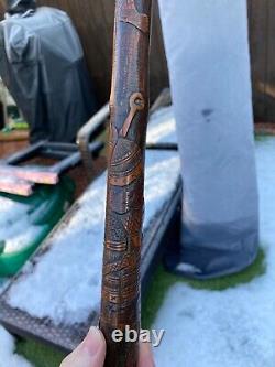 Antique Meiji Period Japanese Bamboo Carved Samurai Walking Cane Stick Rare