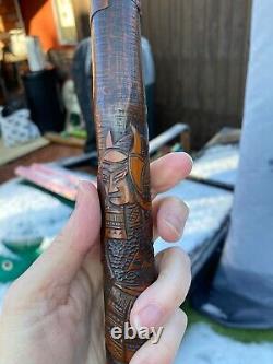 Antique Meiji Period Japanese Bamboo Carved Samurai Walking Cane Stick Rare