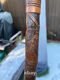 Antique Meiji Period Japanese Bamboo Carved Samurai Walking Cane Stick Rare