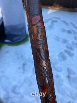 Antique Meiji Period Japanese Bamboo Carved Samurai Walking Cane Stick Rare