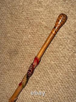Antique Mexican Walking Stick Cane Hand Carved Pattern & Lizard Root Ball Top