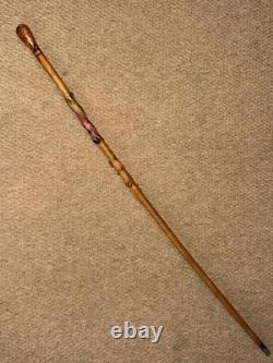 Antique Mexican Walking Stick Cane Hand Carved Pattern & Lizard Root Ball Top