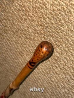 Antique Mexican Walking Stick Cane Hand Carved Pattern & Lizard Root Ball Top